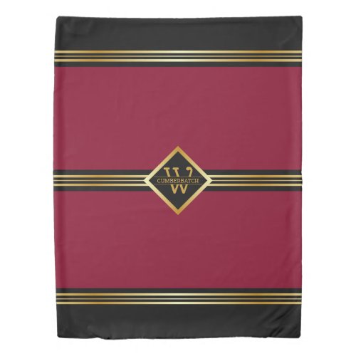 Classy Monogram Black and Gold Stripes on BURGUNDY Duvet Cover