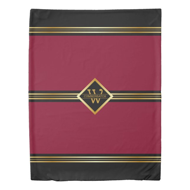 Classy Monogram Black and Gold Stripes on BURGUNDY Duvet Cover (Front)