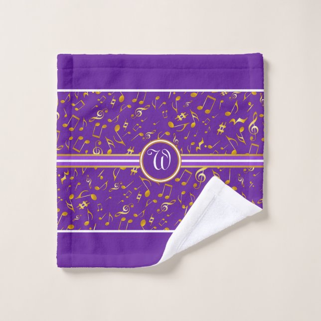Classy Monogram FAUX Gold Music Notes on PURPLE Bath Towel Set (Wash Cloth)
