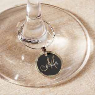 Classy Monogram in Black & Metallic Gold Wine Charm