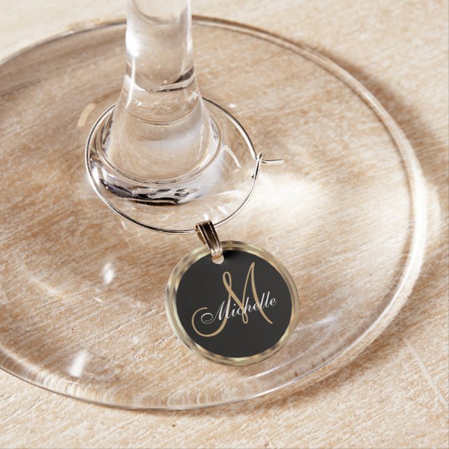 Classy Monogram in Black & Metallic Gold Wine Charm (In Situ)