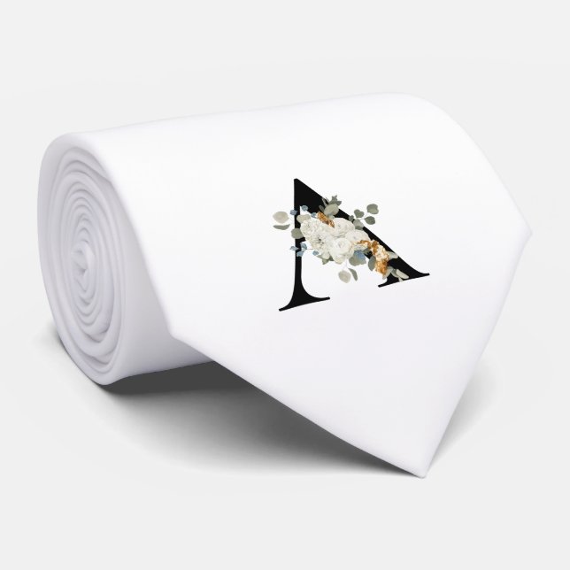 Classy Monogram Initial A with White Flowers Neck Tie (Rolled)