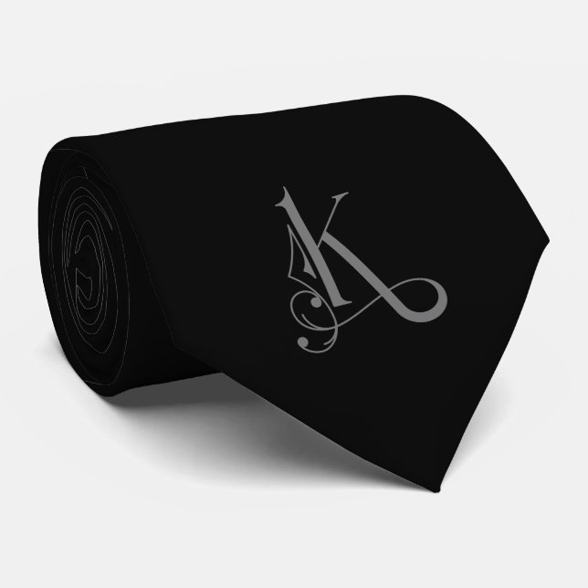 Classy Monogram Initial K, Gray on Black Neck Tie (Rolled)