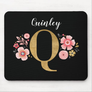 Classy Monogram Initial Pink Black Letter Q Mouse Pad