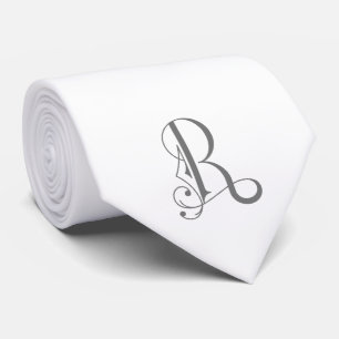 Classy Monogram Initial R, Grey on White Neck Tie
