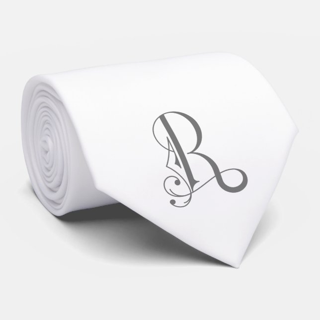 Classy Monogram Initial R, Grey on White Neck Tie (Rolled)