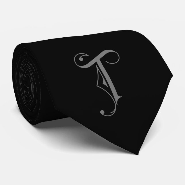 Classy Monogram Initial T, Gray on Black Neck Tie (Rolled)