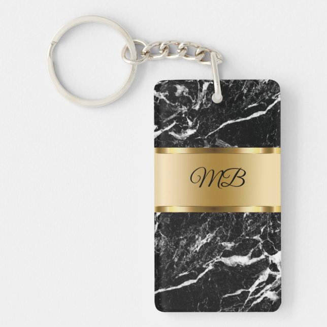 Classy Monogram Marble Stone Look Keychain (Front)