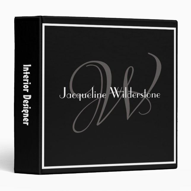 Classy Monogram Name Classic Elegant Black 3 Ring Binder (Front/Spine)