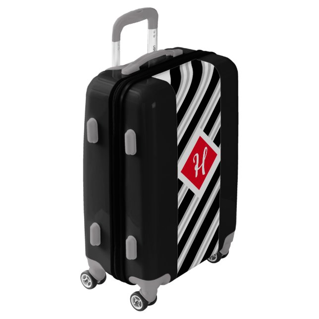 Classy Monogram on Grey White and Black Striped Luggage (Rotated Left)