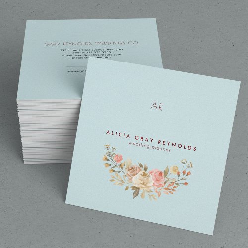 Classy Monogram Watercolor Floral Wedding Planner Square Business Card