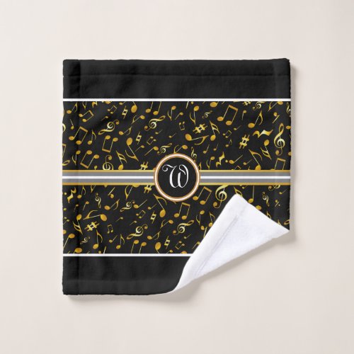 Classy Monogram with Gold Music Notes on BLACK Bath Towel Set