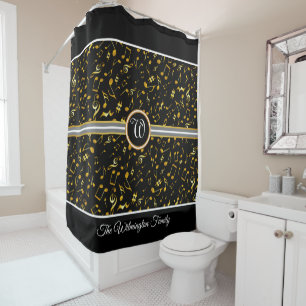 Classy Monogram with Gold Music Notes on BLACK Shower Curtain