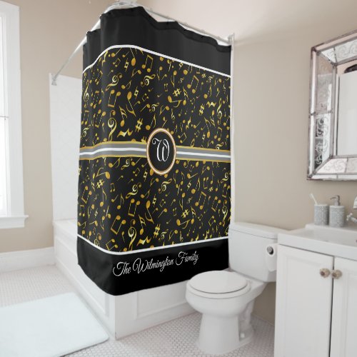 Classy Monogram with Gold Music Notes on BLACK Shower Curtain