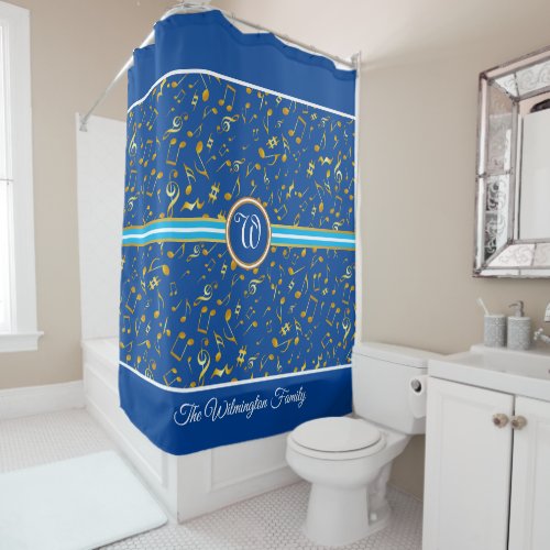 Classy Monogram with Gold Music Notes on BLUE Shower Curtain