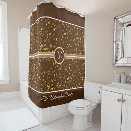 Classy Monogram with Gold Music Notes on BROWN Shower Curtain