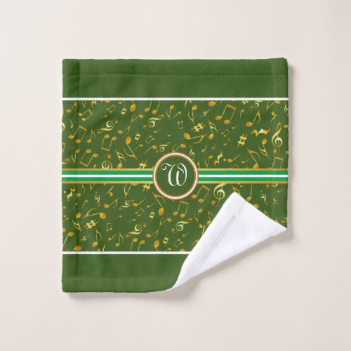 Classy Monogram with Gold Music Notes on GREEN Bath Towel Set