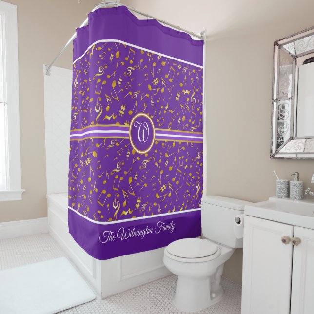 Classy Monogram with Gold Music Notes on PURPLE Shower Curtain (In Situ)