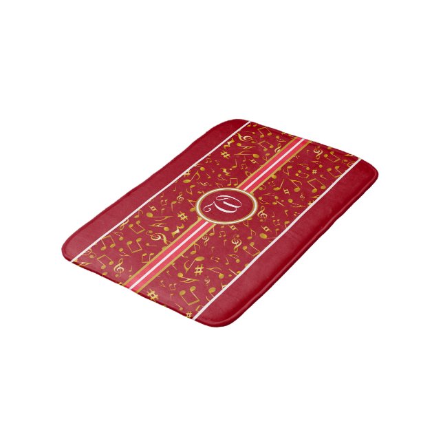 Classy Monogram with Gold Music Notes on RED Bath Mat (Angled)