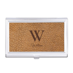Classy Monogrammed Initial Brown Faux Leather Business Card Case