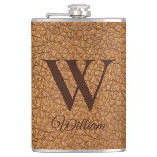 Classy Monogrammed Initial Brown Faux Leather  Fla Flask