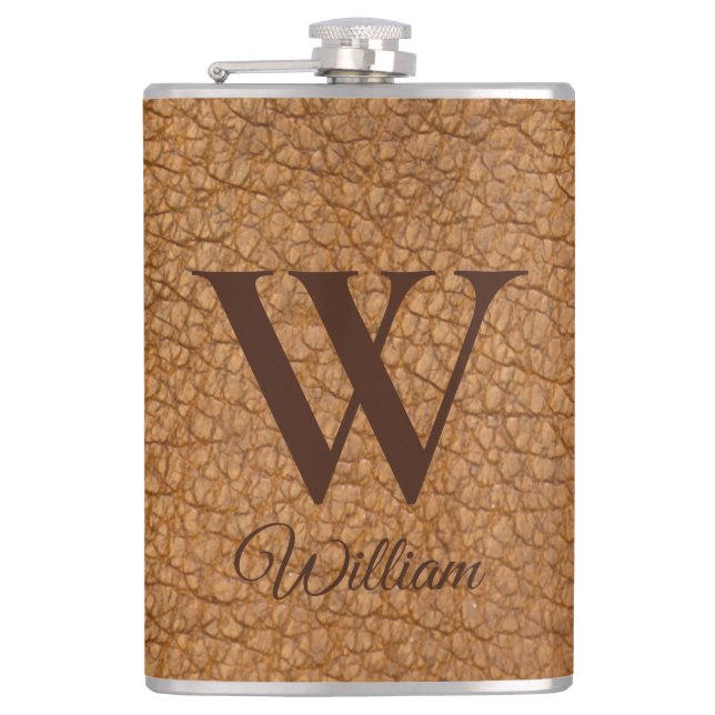 Classy Monogrammed Initial Brown Faux Leather  Fla Flask (Front)