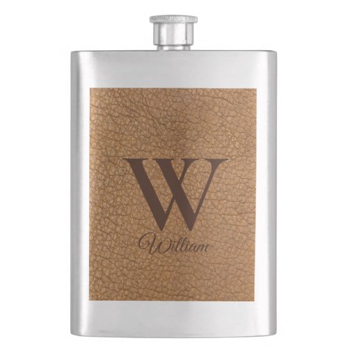 Classy Monogrammed Initial Brown Faux Leather  Flask