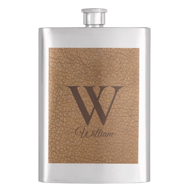 Classy Monogrammed Initial Brown Faux Leather  Flask (Front)