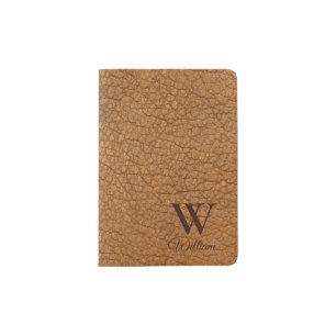 Classy Monogrammed Initial Brown Faux Leather Passport Holder