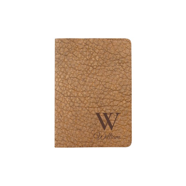 Classy Monogrammed Initial Brown Faux Leather Passport Holder (Front)