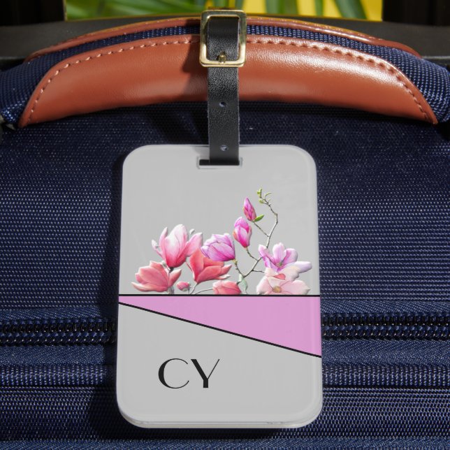 Classy Monogrammed "Pinks" Botanical Luggage Tag (Front Insitu 2)