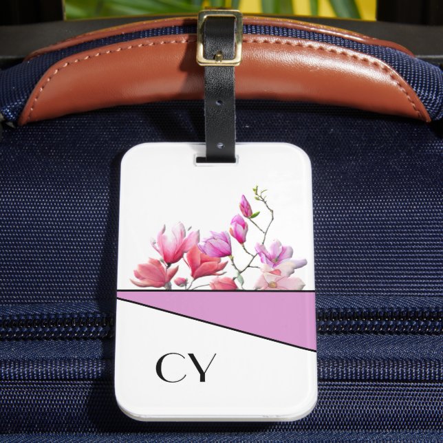 Classy Monogrammed "Pinks" Botanical Luggage Tag (Front Insitu 2)
