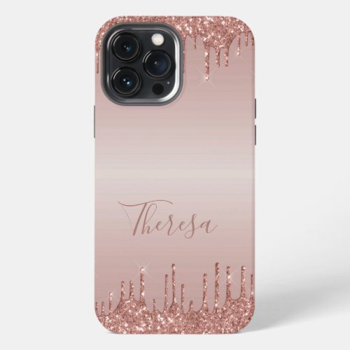 Classy Monogrammed Rose Gold Dripped Glitter iPhone 13 Pro Max Case