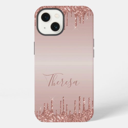 Classy Monogrammed Rose Gold Dripped Glitter iPhone 13 Case