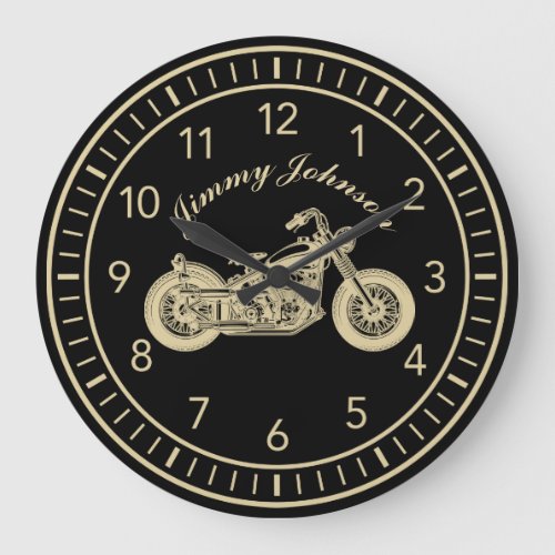 Classy Motorcycle Biker With Name Gold Colored Large Clock
