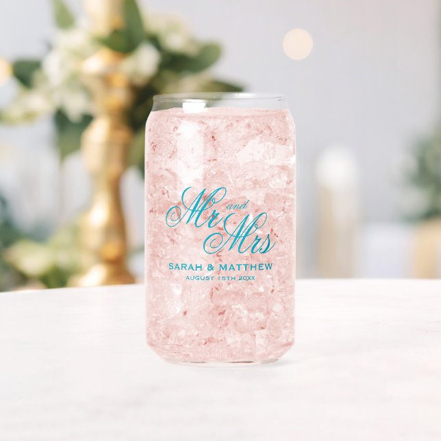 Classy Mr and Mrs wedding personalized azure blue Can Glass (Insitu (Wedding))