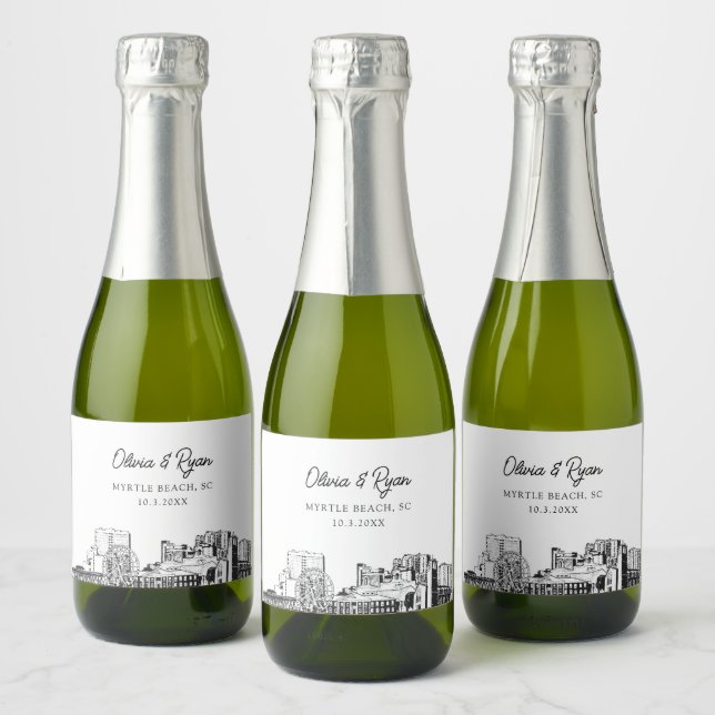 Classy Myrtle Beach Wedding Favor Custom Mini Sparkling Wine Label (Bottles)