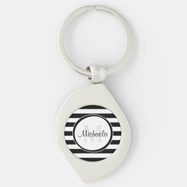 Classy Name With Chunky Black and White Stripes Keychain (Front)
