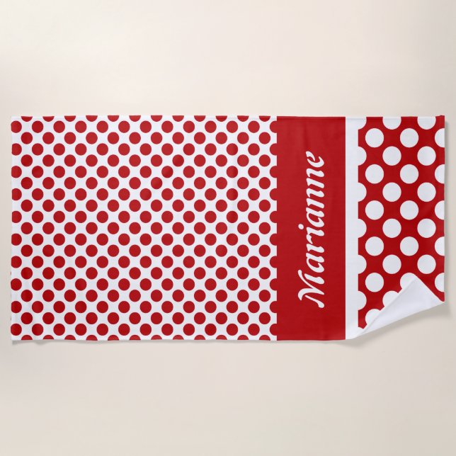 Classy Named Red & White Polka Dot  Beach Towel (Front)