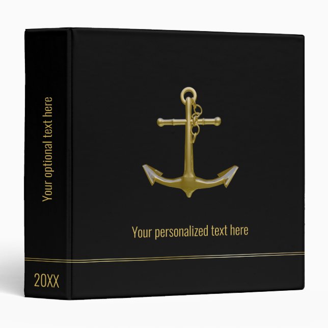 Classy Nautical Gold Anchor on Black 3 Ring Binder (Front/Spine)