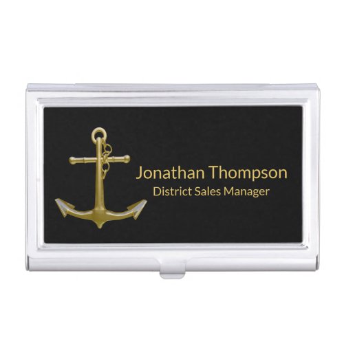 Classy Nautical Gold Anchor on Black Business Card Case