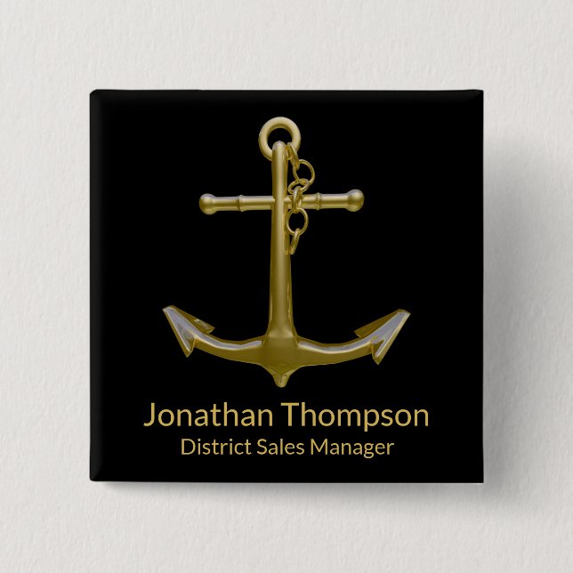 Classy Nautical Gold Anchor on Black Button (Front)