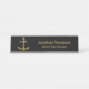 Classy Nautical Gold Anchor on Black Desk Name Plate