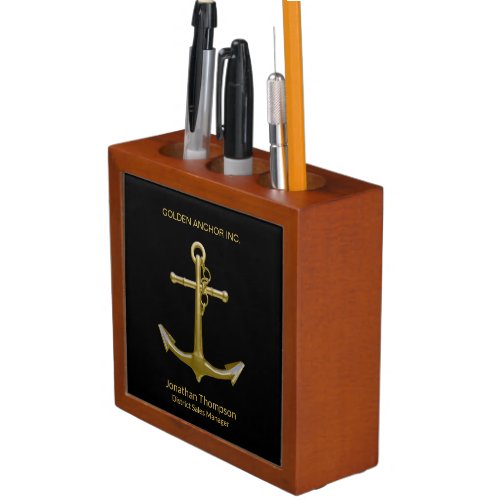 Classy Nautical Gold Anchor on Black Desk Organizer