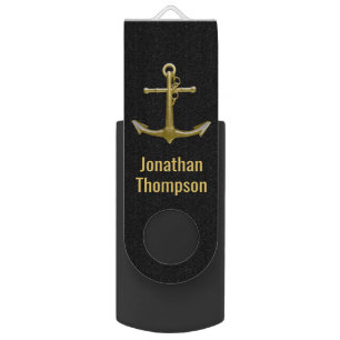 Classy Nautical Gold Anchor on Black Flash Drive