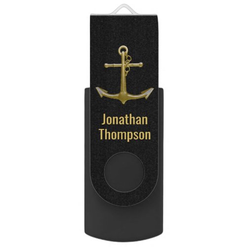 Classy Nautical Gold Anchor on Black Flash Drive