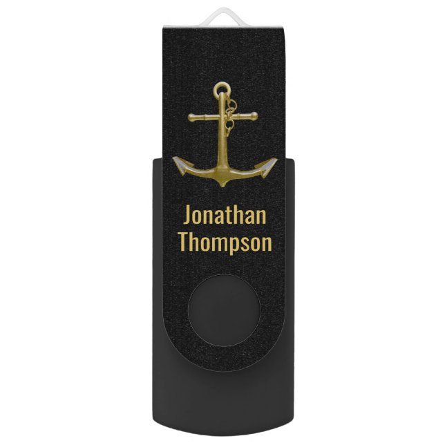 Classy Nautical Gold Anchor on Black Flash Drive (Front Vertical)
