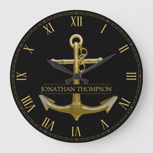 Classy Nautical Gold Anchor on Black Large Clock
