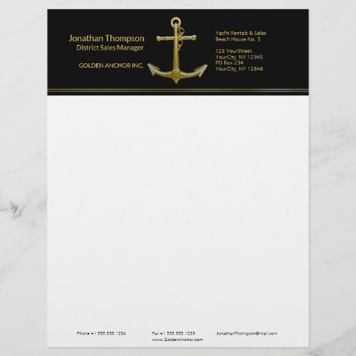Classy Nautical Gold Anchor on Black Letterhead