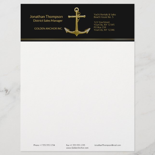 Classy Nautical Gold Anchor on Black Letterhead (Front)